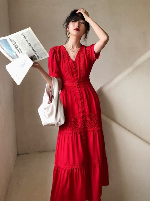 Cotton Patchwork Lace Dresses V-Neck Lantern Sleeve Maxi Dress