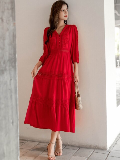 Cotton Patchwork Lace Dresses V-Neck Lantern Sleeve Maxi Dress