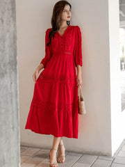 Cotton Patchwork Lace Dresses V-Neck Lantern Sleeve Maxi Dress