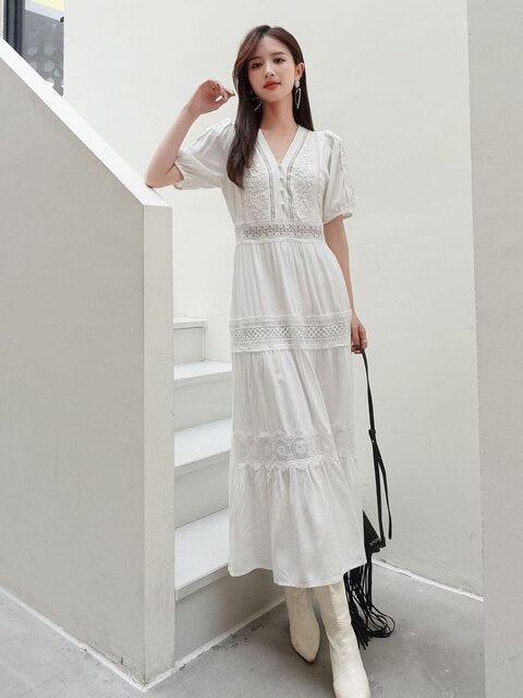 Cotton Patchwork Lace Dresses V-Neck Lantern Sleeve Maxi Dress
