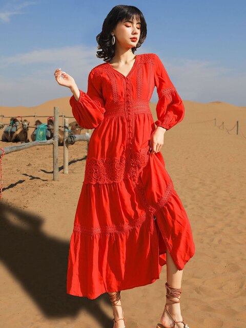 Cotton Patchwork Lace Dresses V-Neck Lantern Sleeve Maxi Dress