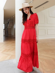 Cotton Patchwork Lace Dresses V-Neck Lantern Sleeve Maxi Dress