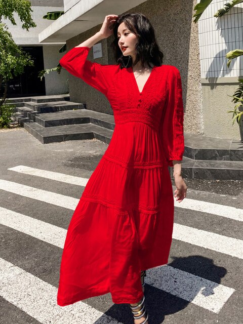 Cotton Patchwork Lace Dresses V-Neck Lantern Sleeve Maxi Dress
