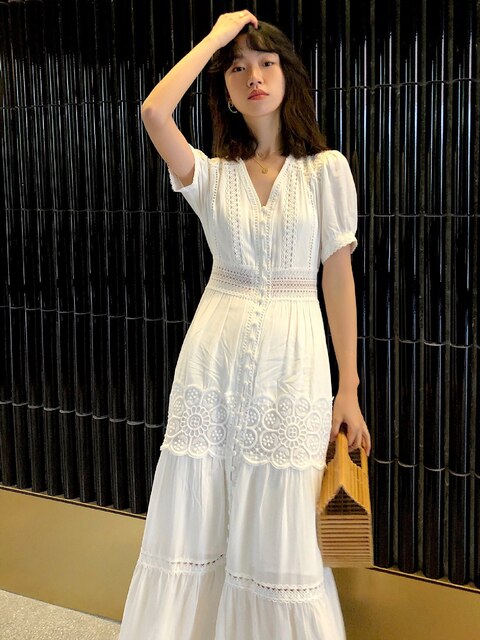 Cotton Patchwork Lace Dresses V-Neck Lantern Sleeve Maxi Dress