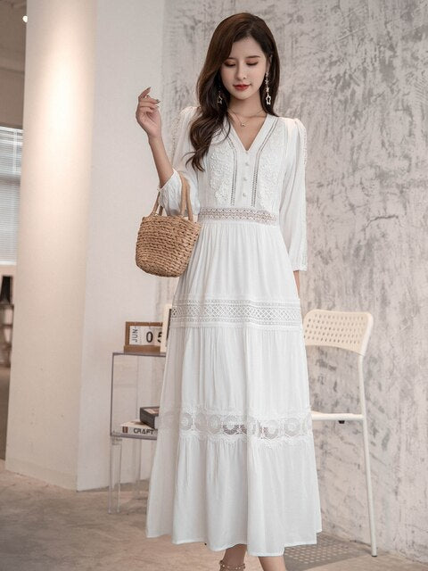 Cotton Patchwork Lace Dresses V-Neck Lantern Sleeve Maxi Dress