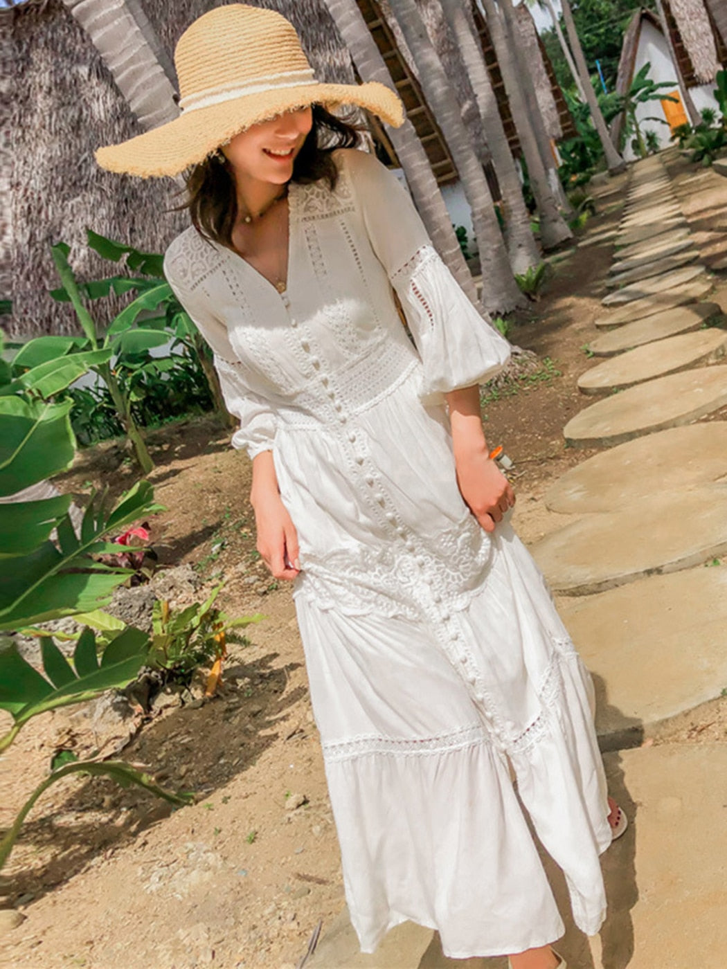 Cotton Patchwork Lace Dresses V-Neck Lantern Sleeve Maxi Dress