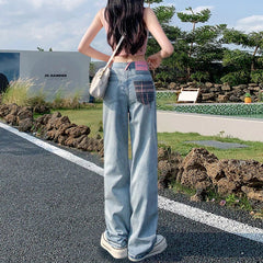 WomenNew Summer High-Waisted Collision Embroidered Pockets Casual Straight Drag Jeans