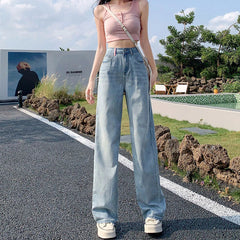 WomenNew Summer High-Waisted Collision Embroidered Pockets Casual Straight Drag Jeans