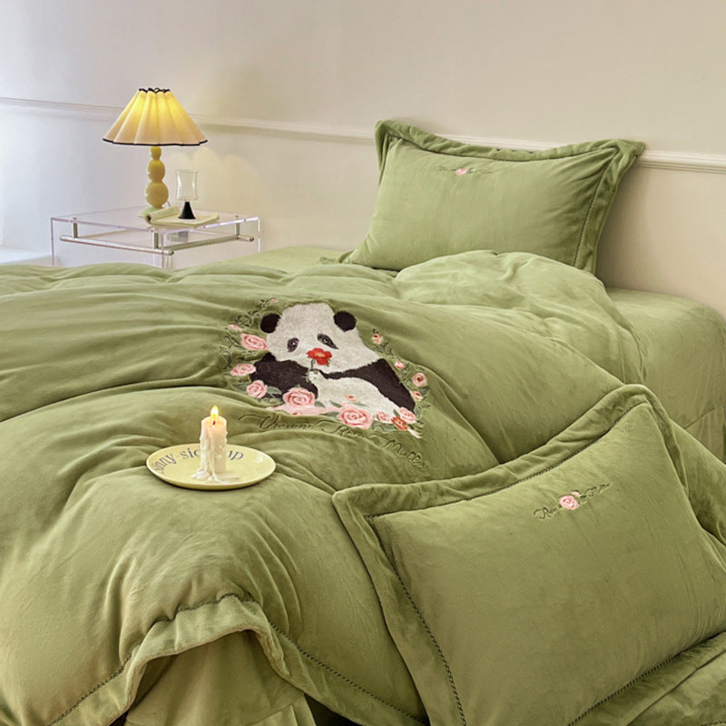 Panda and Floral Embroidered Bedding Set