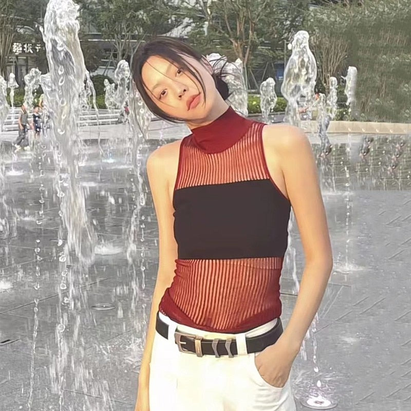 Hollow Out Turtleneck Knitted Vest Y2k Style Sleeveless Top