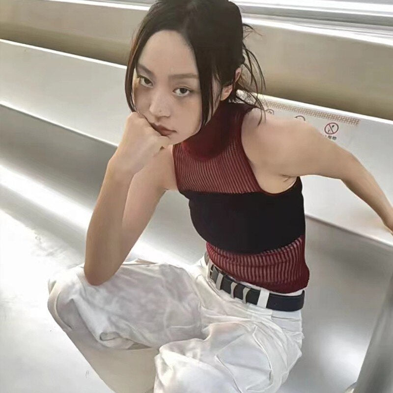 Hollow Out Turtleneck Knitted Vest Y2k Style Sleeveless Top