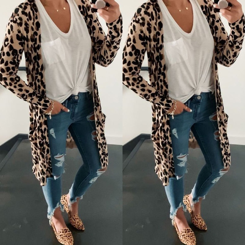 Cardigan Fashion Sweaters Long Sleeve Leopard Print Knitted Tops Leopard Print Outwear