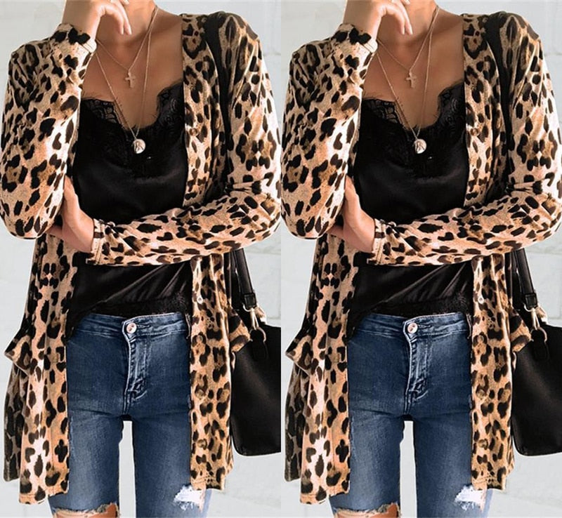 Cardigan Fashion Sweaters Long Sleeve Leopard Print Knitted Tops Leopard Print Outwear