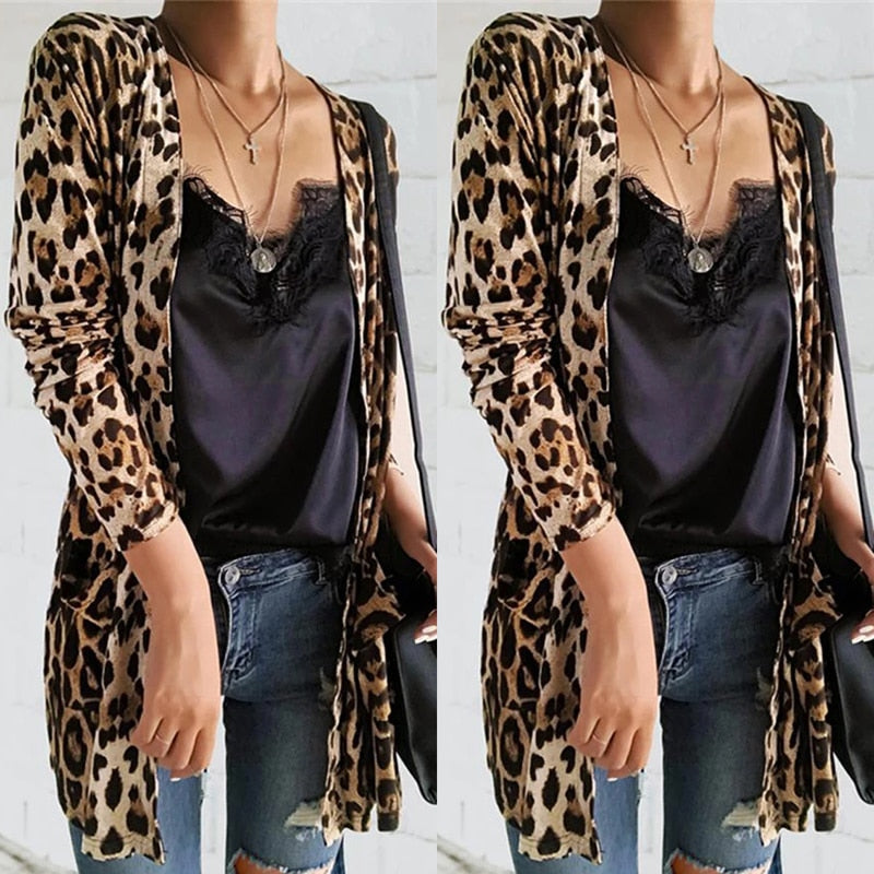 Cardigan Fashion Sweaters Long Sleeve Leopard Print Knitted Tops Leopard Print Outwear