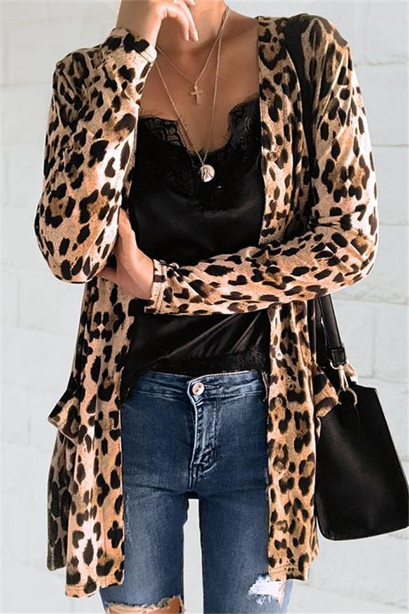 Cardigan Fashion Sweaters Long Sleeve Leopard Print Knitted Tops Leopard Print Outwear