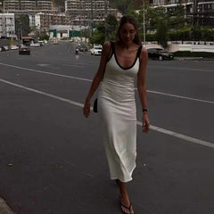Knit Suspender Sleeveless Block Color Beach Vacation V-Neck Bodycon Maxi Dress