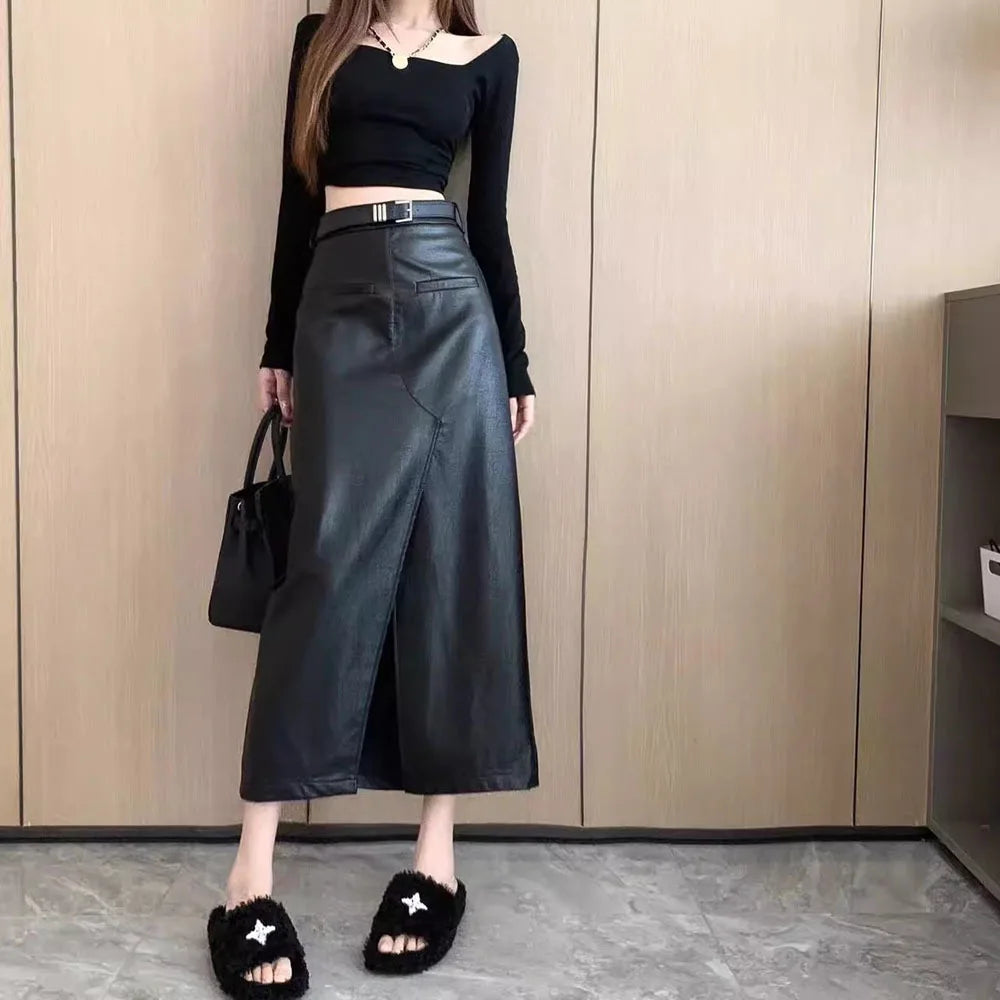 Streetwear Loose Black PU Leather Long Skirt Bottom