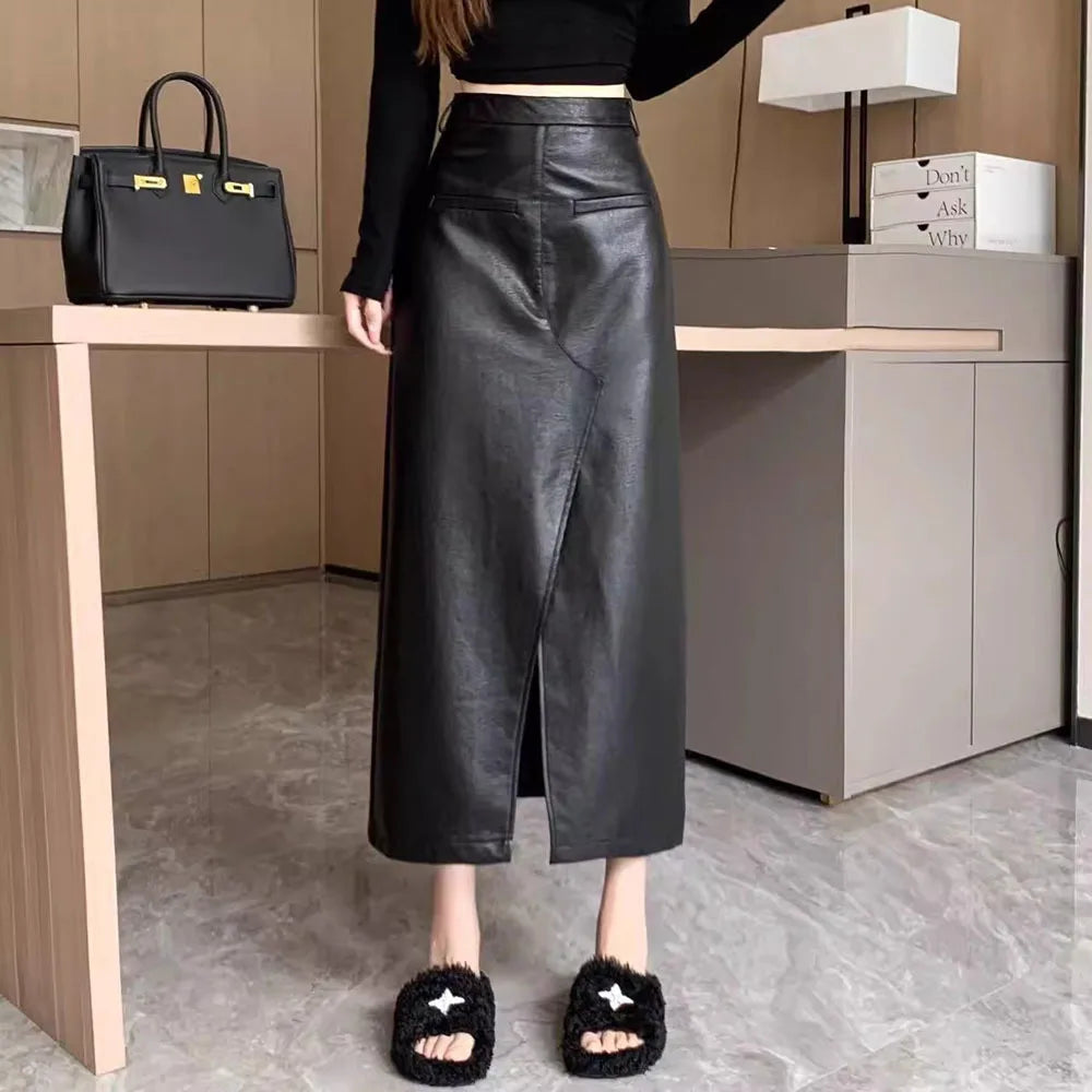 Streetwear Loose Black PU Leather Long Skirt Bottom