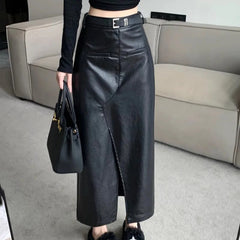 Streetwear Loose Black PU Leather Long Skirt Bottom