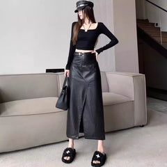 Streetwear Loose Black PU Leather Long Skirt Bottom