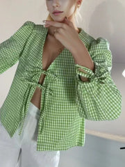 Korean Vintage V Neck Summer New Fashion Casual Plaid Lace-Up Female Shirt Blouse
