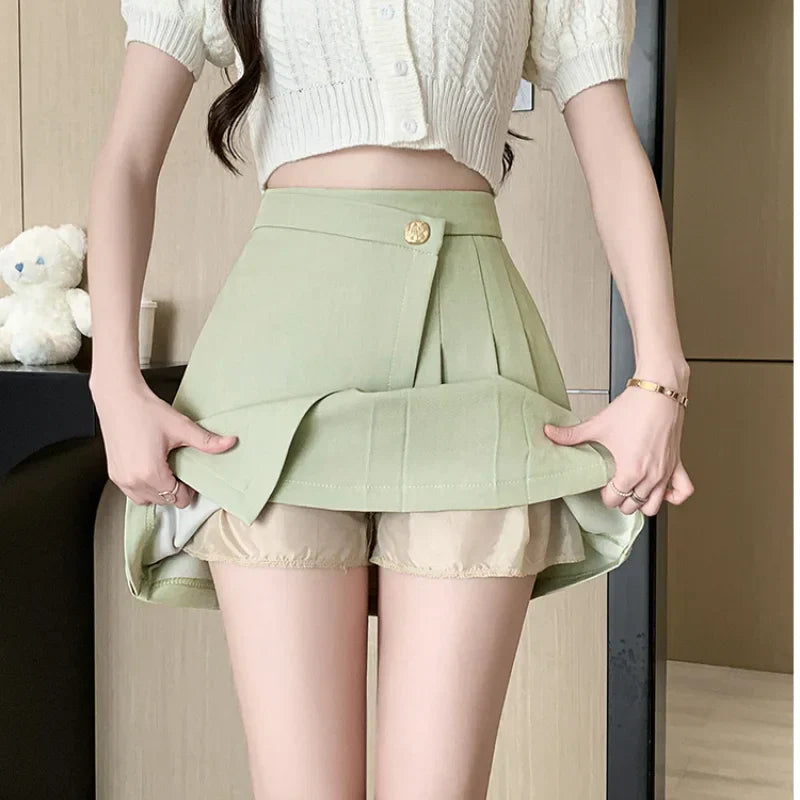 Korean New High Waist A-line Mini Pleated Spring Summer Fashion Buttons Irregular Woman Casual Skirt