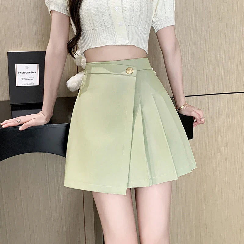 Korean New High Waist A-line Mini Pleated Spring Summer Fashion Buttons Irregular Woman Casual Skirt