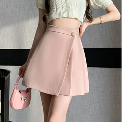 Korean New High Waist A-line Mini Pleated Spring Summer Fashion Buttons Irregular Woman Casual Skirt