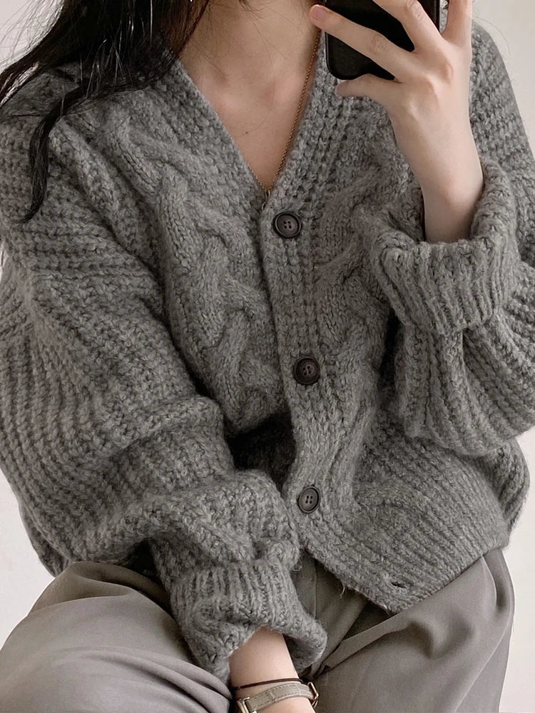 Korean Cardigan Knitted Autumn Winter Chic Loose Long Sleeve Simple Solid Jacket for Female Sweater