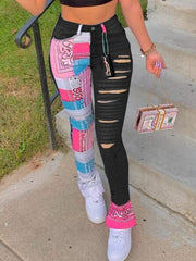 LW Sexy Mixed Print Ripped Jeans Mid-waist Patchwork Multi-color Holes Fashion Streetwears