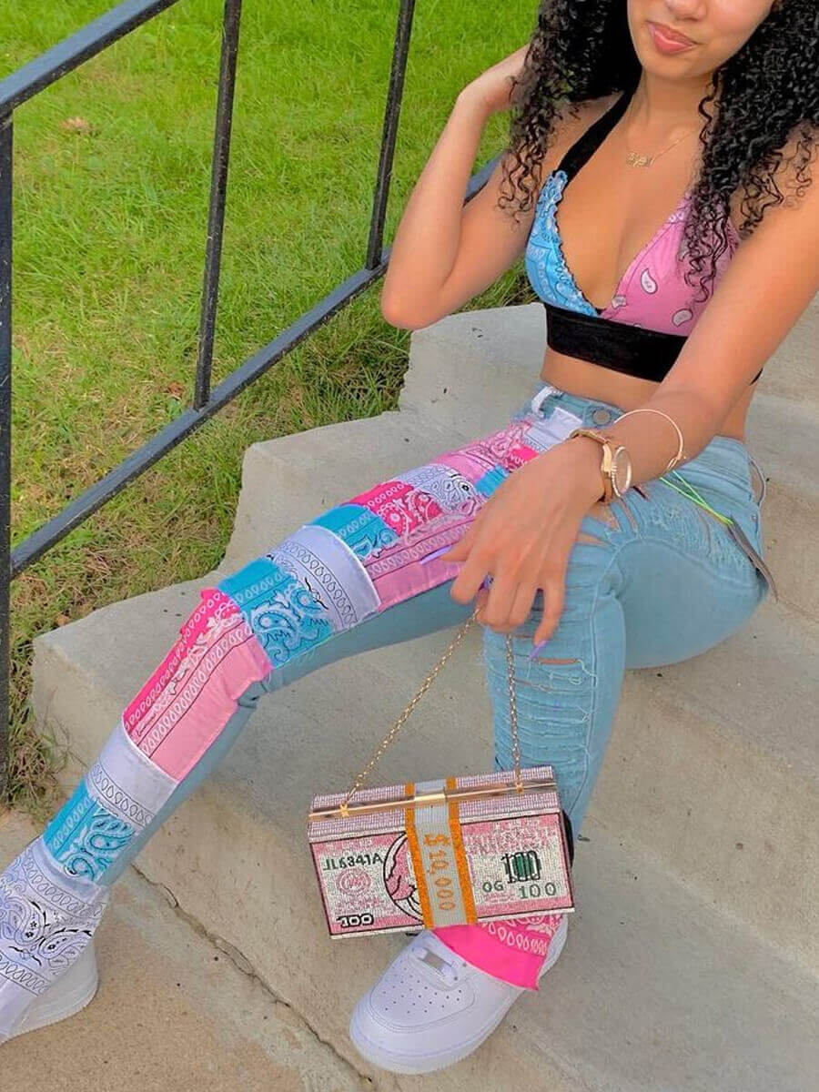 LW Sexy Mixed Print Ripped Jeans Mid-waist Patchwork Multi-color Holes Fashion Streetwears