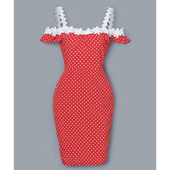 Lace Applique Off Shoulder Dots Print Dress Cold Shoulder Polka Dot Red Summer Dress Slim Fit Casual Party Vestidos