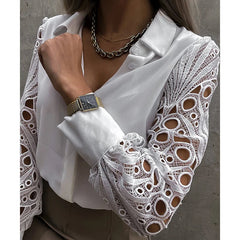 Lace Patchwork Spring Hollow Out Long Sleeve Turn-down Collar White Button Up Office Wear Blouse