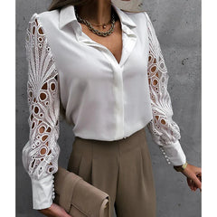 Lace Patchwork Spring Hollow Out Long Sleeve Turn-down Collar White Button Up Office Wear Blouse