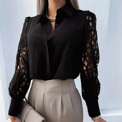 Lace Patchwork Spring Hollow Out Long Sleeve Turn-down Collar White Button Up Office Wear Blouse