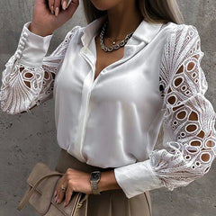 Lace Patchwork Spring Hollow Out Long Sleeve Turn-down Collar White Button Up Office Wear Blouse