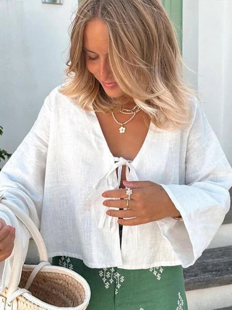 Lace Up Bow Long Sleeve Linen Tops Solid Blouse