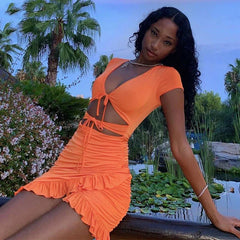 Lace Up Bodycon Summer Hollow Out Ruffles SunBeachwear Mini Dress