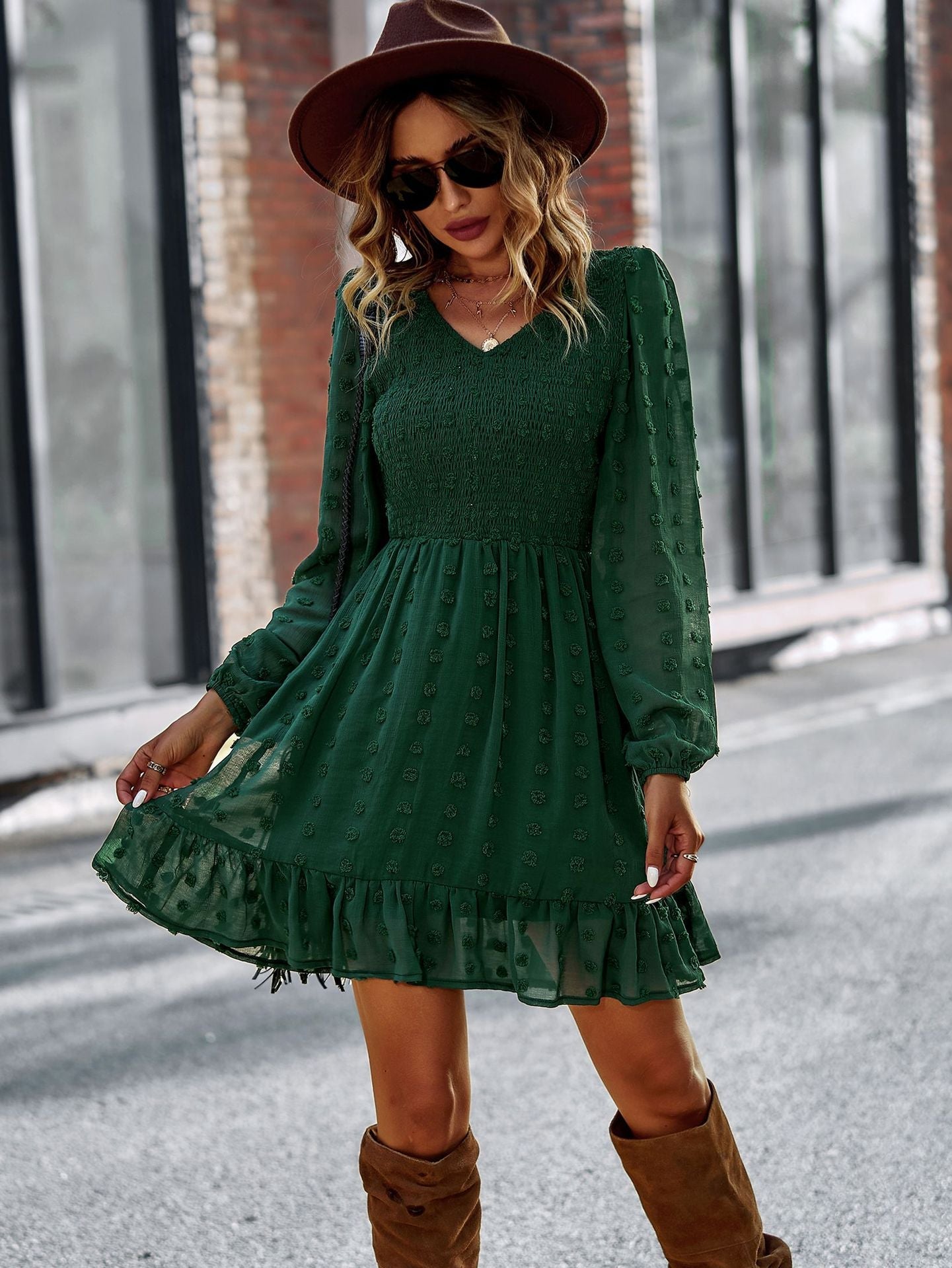 Lantern Sleeve V-neck High Wait Party Dress