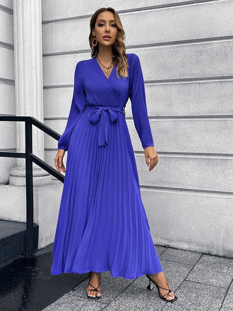 Pleated Full Sleeve V-neck High Waist Sashes Dress