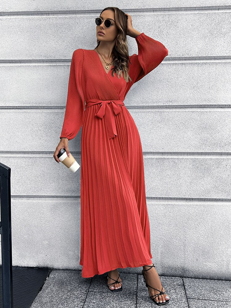 Pleated Full Sleeve V-neck High Waist Sashes Dress