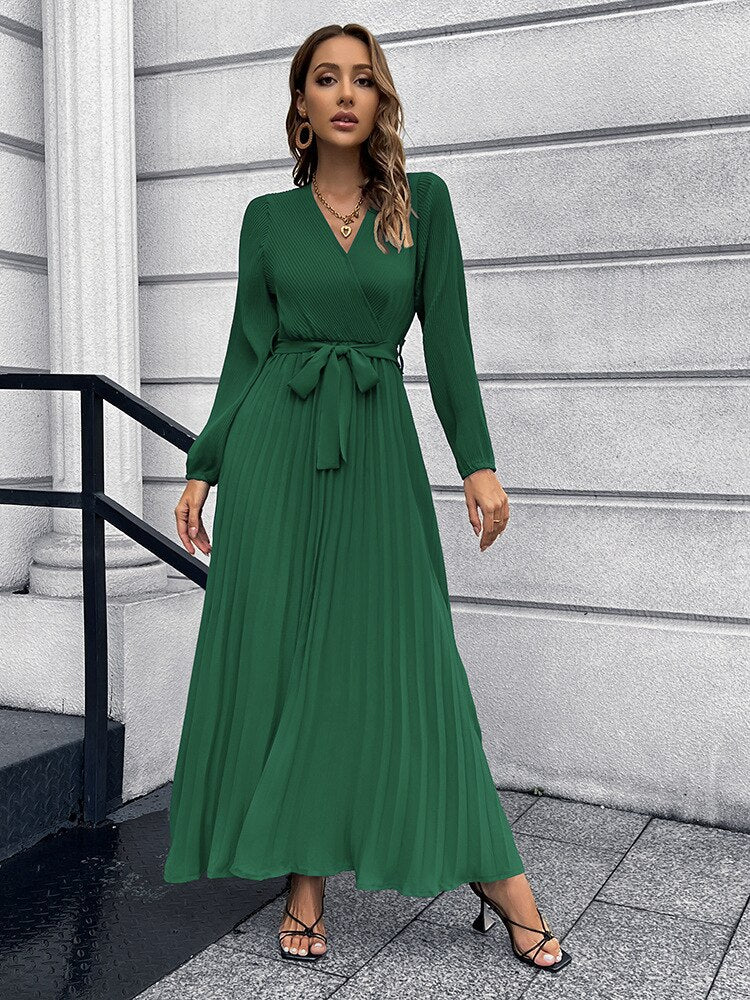Pleated Full Sleeve V-neck High Waist Sashes Dress