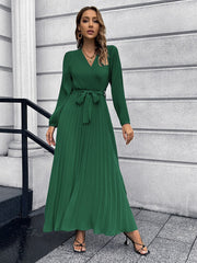 Pleated Full Sleeve V-neck High Waist Sashes Dress