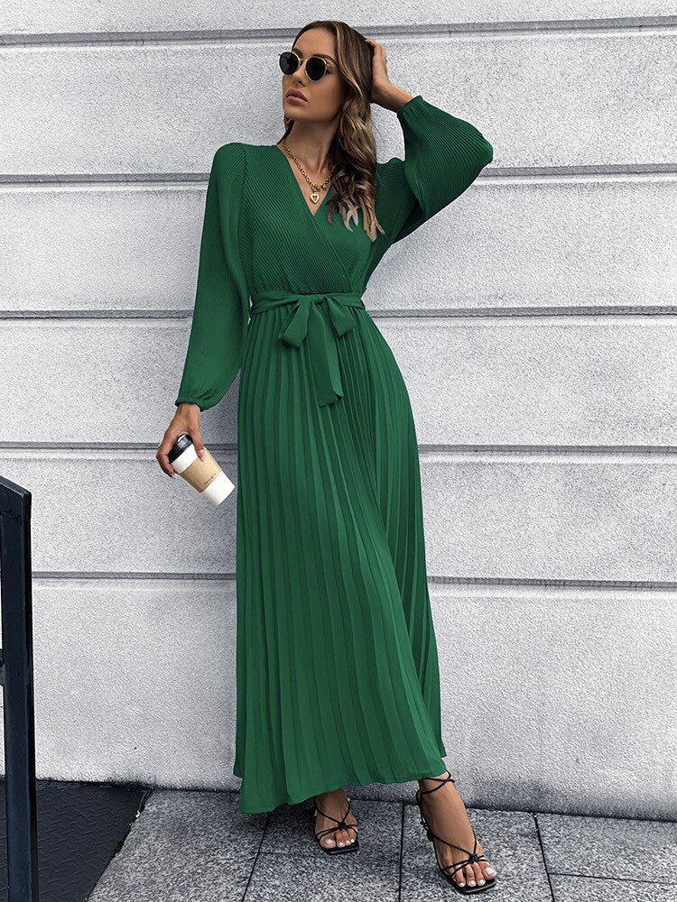 Pleated Full Sleeve V-neck High Waist Sashes Dress