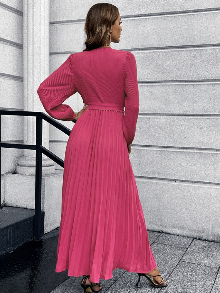 Pleated Full Sleeve V-neck High Waist Sashes Dress