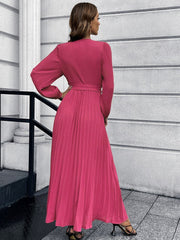 Pleated Full Sleeve V-neck High Waist Sashes Dress
