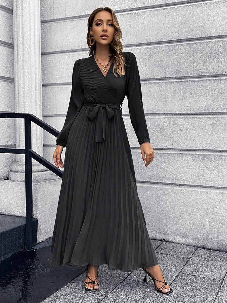 Pleated Full Sleeve V-neck High Waist Sashes Dress