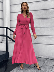 Pleated Full Sleeve V-neck High Waist Sashes Dress