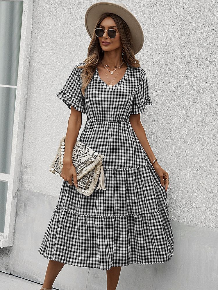 Vintage Plaid Slim Ruffles High Waist Midi Sundress