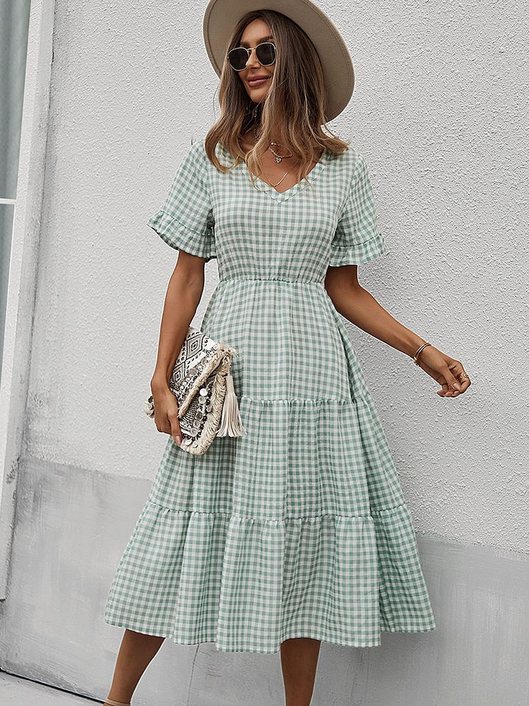 Vintage Plaid Slim Ruffles High Waist Midi Sundress